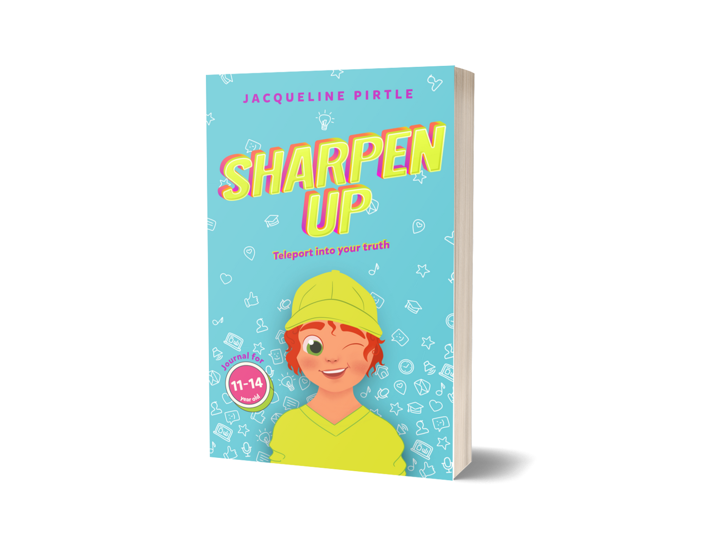 Close-up of the journal's vibrant turquoise cover with textured, embossed lettering and colorful geometric patterns near the