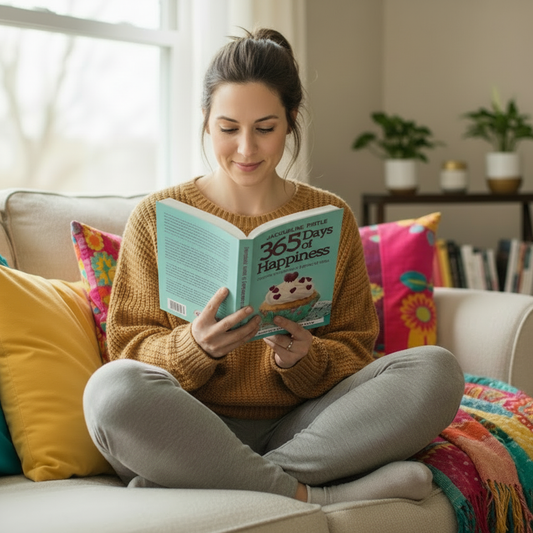 Woman thoughtfully reading 365 Days of Happiness book — daily happiness practice for women feeling stuck