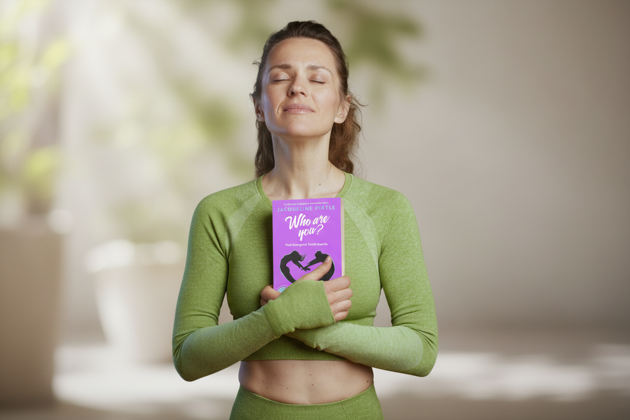 Woman in green with green backgrund, putting hands on heart