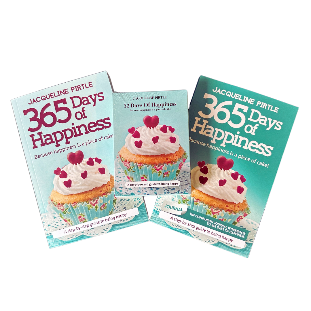 Close-up of the bundled 365 Days of Happiness set displaying the textured fabric cover of the journal and colorful card deck