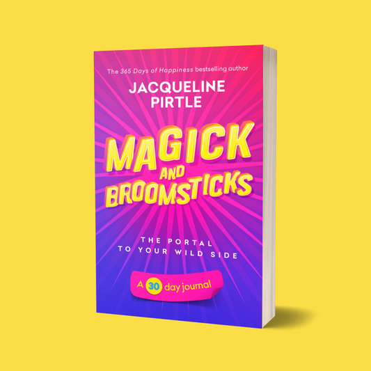 FreakyHealer Store Magick & Broomsticks 30-day journal workbook with black hardcover, embossed mystical symbols, and 80