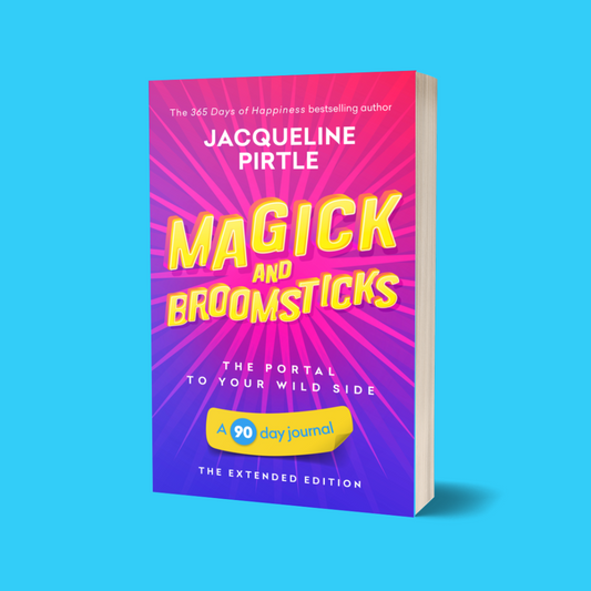 FreakyHealer Store Magick & Broomsticks 90-day journal workbook with black softcover, gold foil title, spiral binding, 5x8