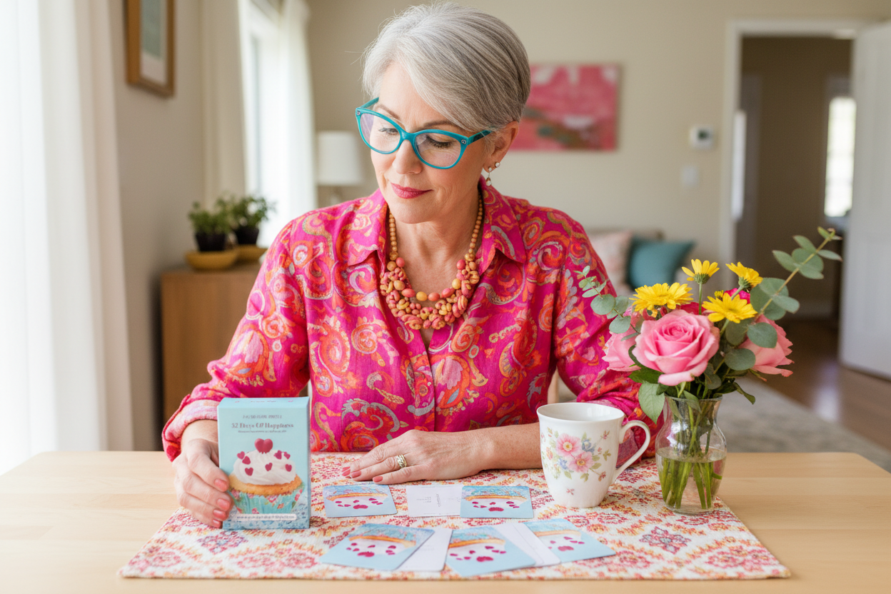 52 Days of Happiness Cards on Table with Short-Haired Woman