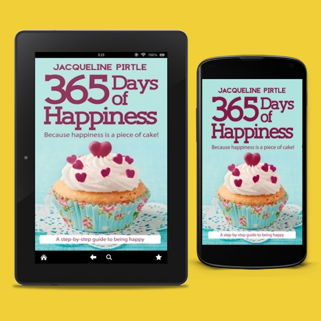 Digital eBook cover titled 365 Days of Happiness – A Step-by-Step Guide to Being Happy, bright yellow background with black