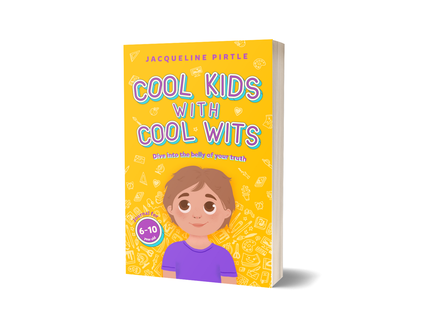 Close-up of the journal's textured cover featuring colorful "Cool Kids With Cool Wits" lettering and playful design elements