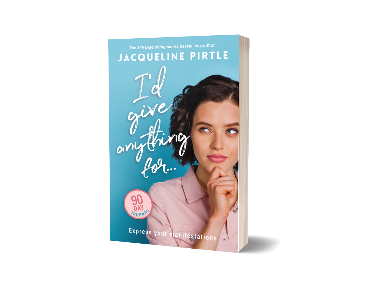 Close-up of the journal's textured soft cover with embossed lettering and a partial view of colorful affirmation stickers