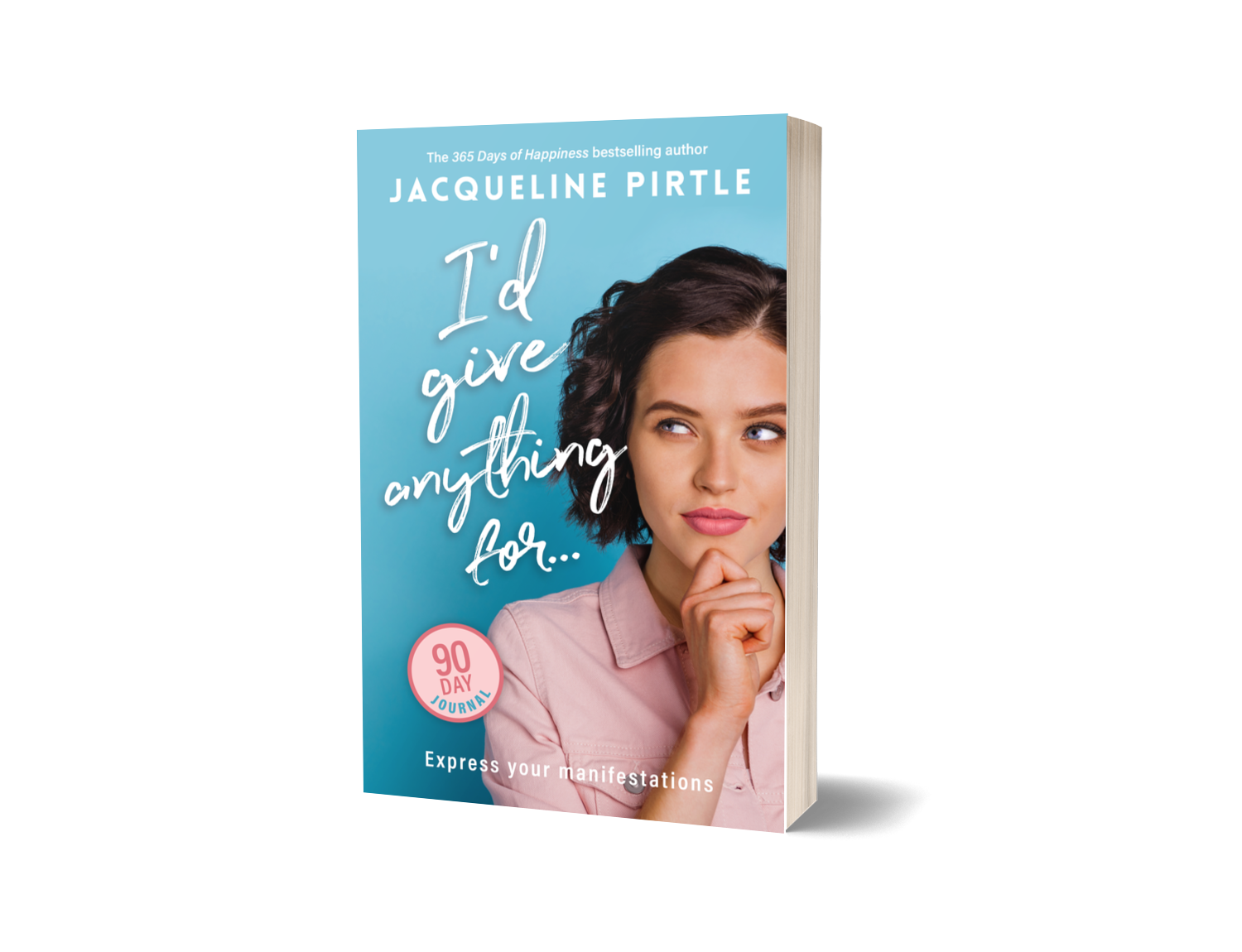 Close-up of the journal's textured soft cover with embossed lettering and a partial view of colorful affirmation stickers