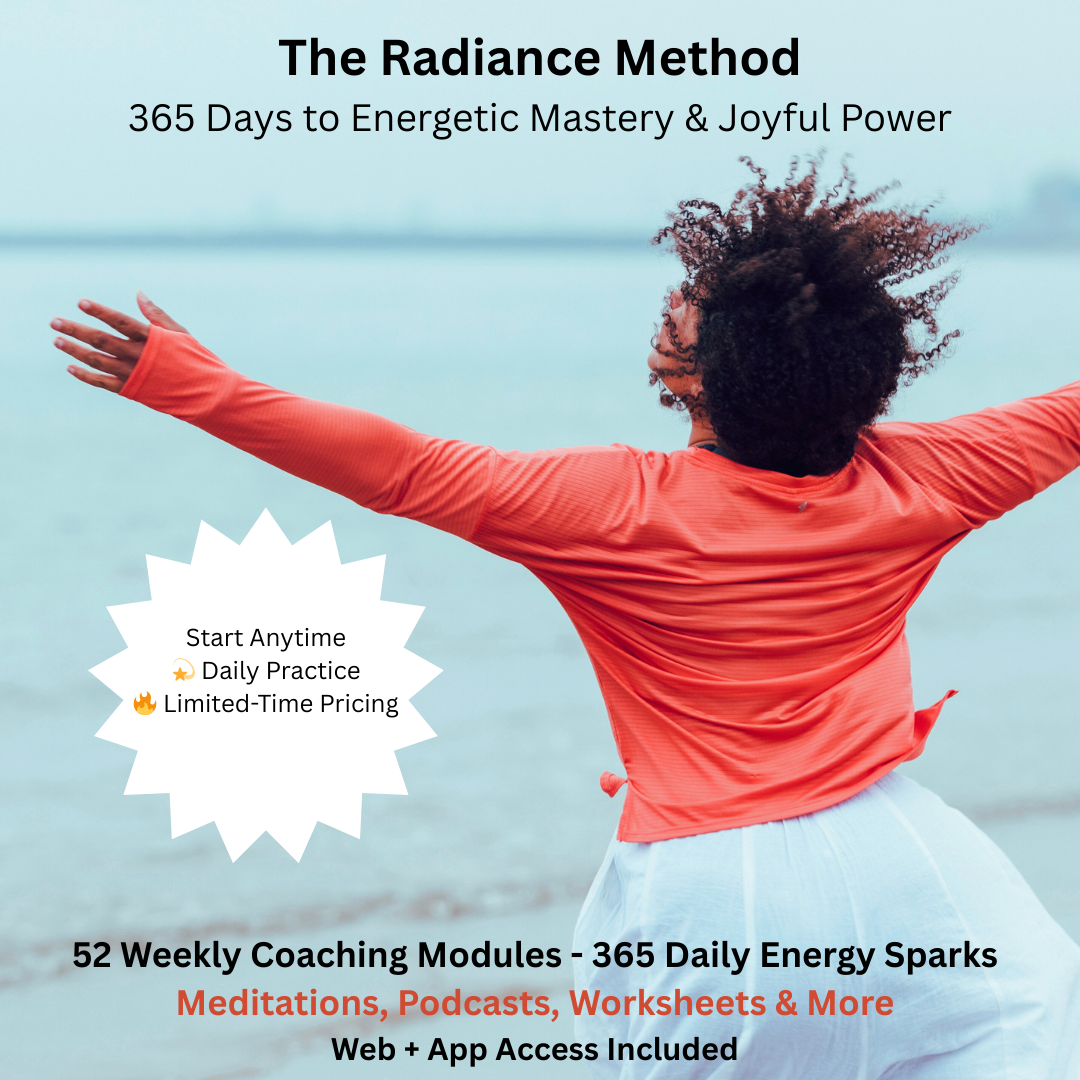 The Radiance Method online course logo featuring vibrant orange and teal text with abstract energetic swirl patterns on a