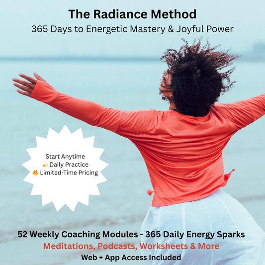 The Radiance Method online course logo featuring vibrant orange and teal text with abstract energetic swirl patterns on a