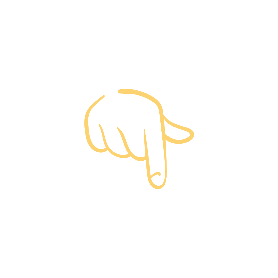 Simple yellow line drawing of a hand pointing on a white background