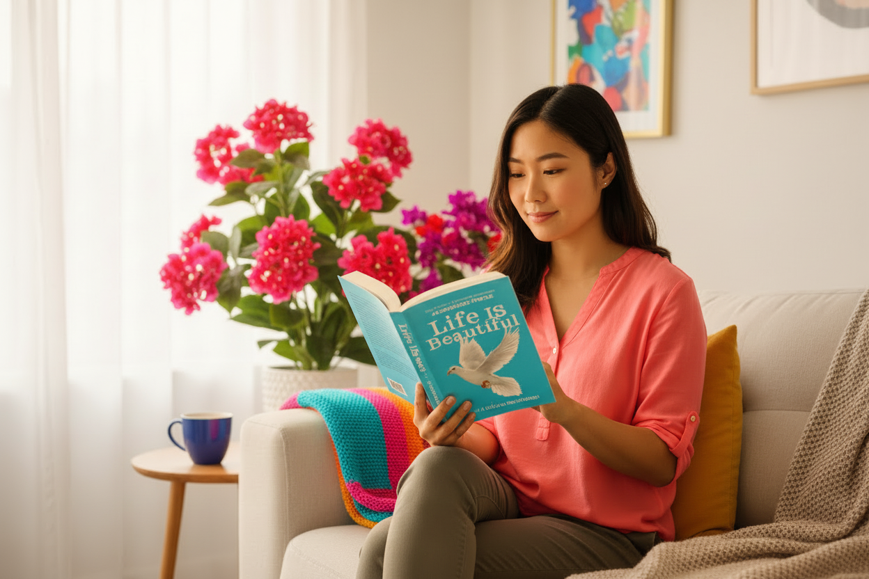 Asian woman reading Life Is Beautiful - colorful version