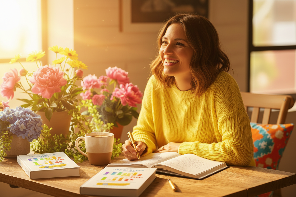 Colorful sunny lifestyle with High-for-life journal standing up
