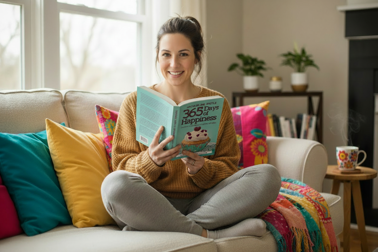 Colorful woman reading smaller 365 Days of Happiness book
