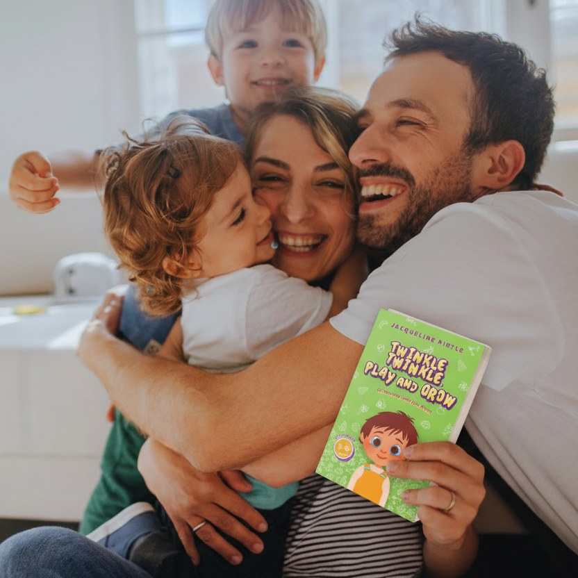Happy family with upright Cool Kids journal held correctly