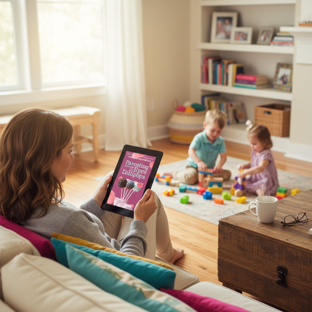 Mom Reading Parenting Ebook with Kids Playing