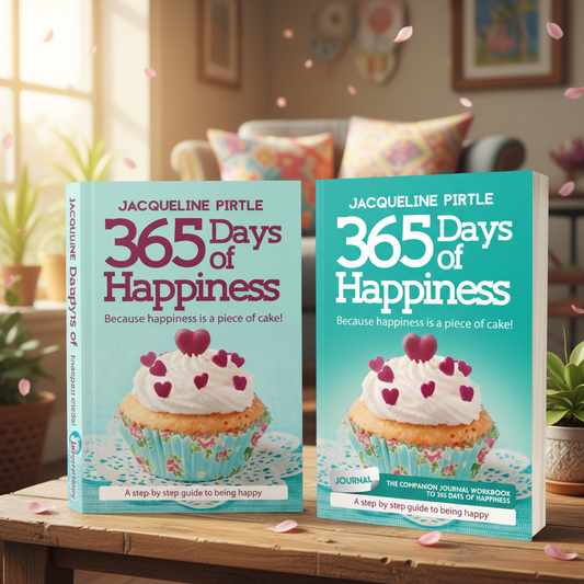 365 Days of Happiness book and companion journal workbook bundle with beige paperback covers, black text, and spiral-bound