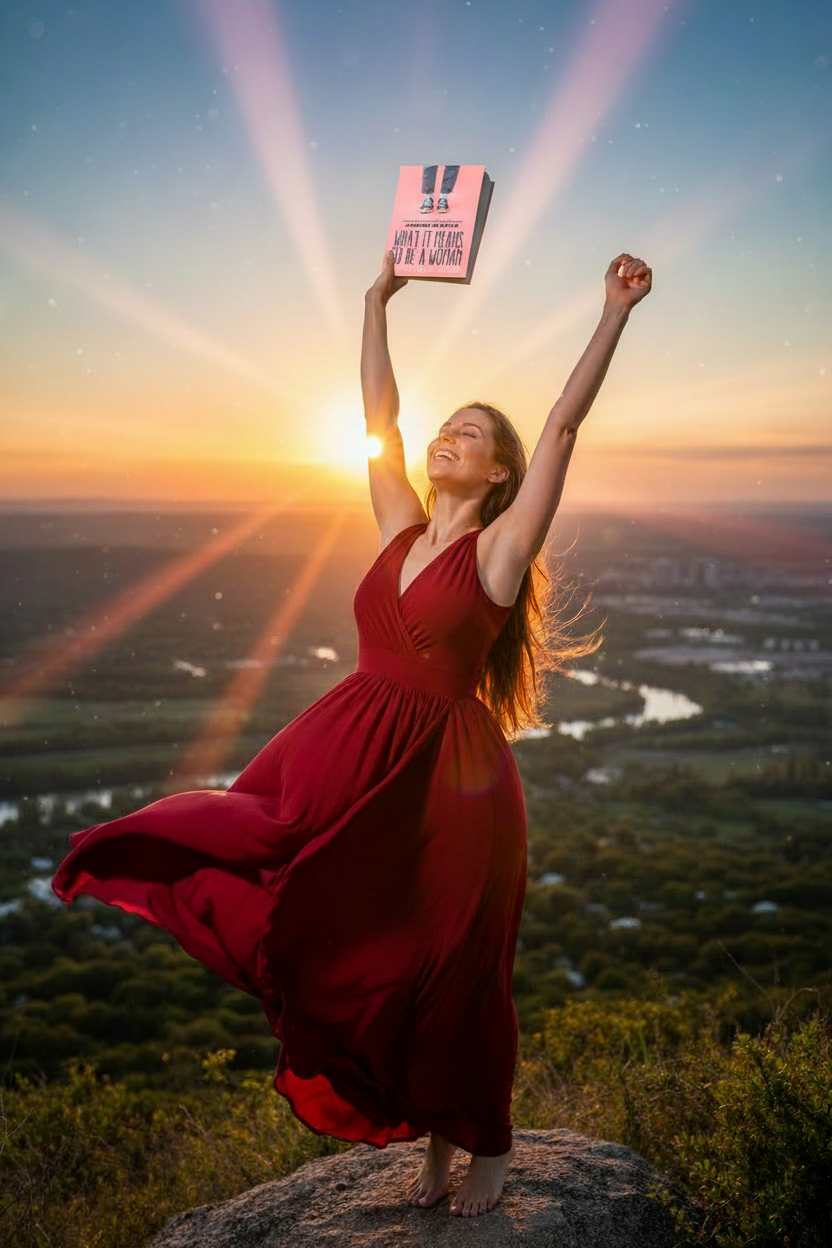 Woman in red dress holding What It Means to BE a Woman book without seal