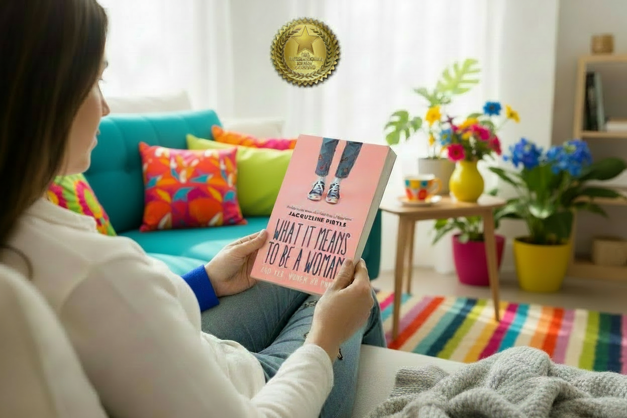 Woman reading What It Means to Be a Woman - off-white sofa