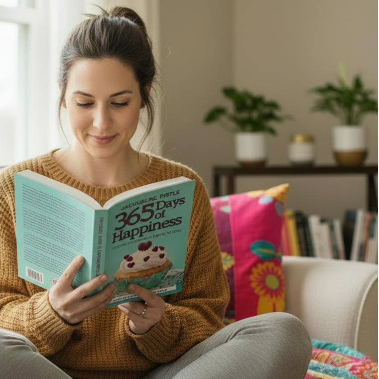 Woman thoughtfully reading 365 Days of Happiness book