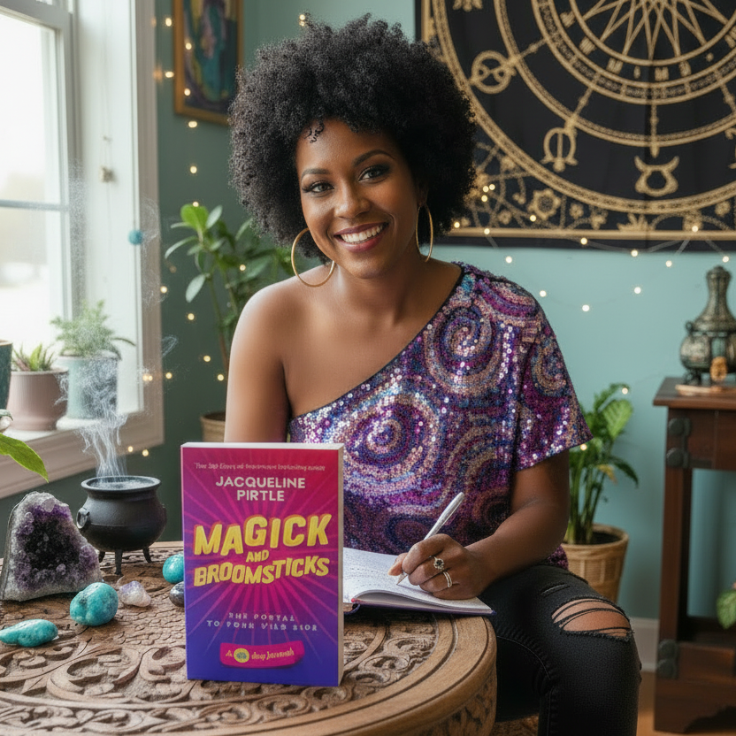 Woman with natural hair and Magick and Broomsticks book